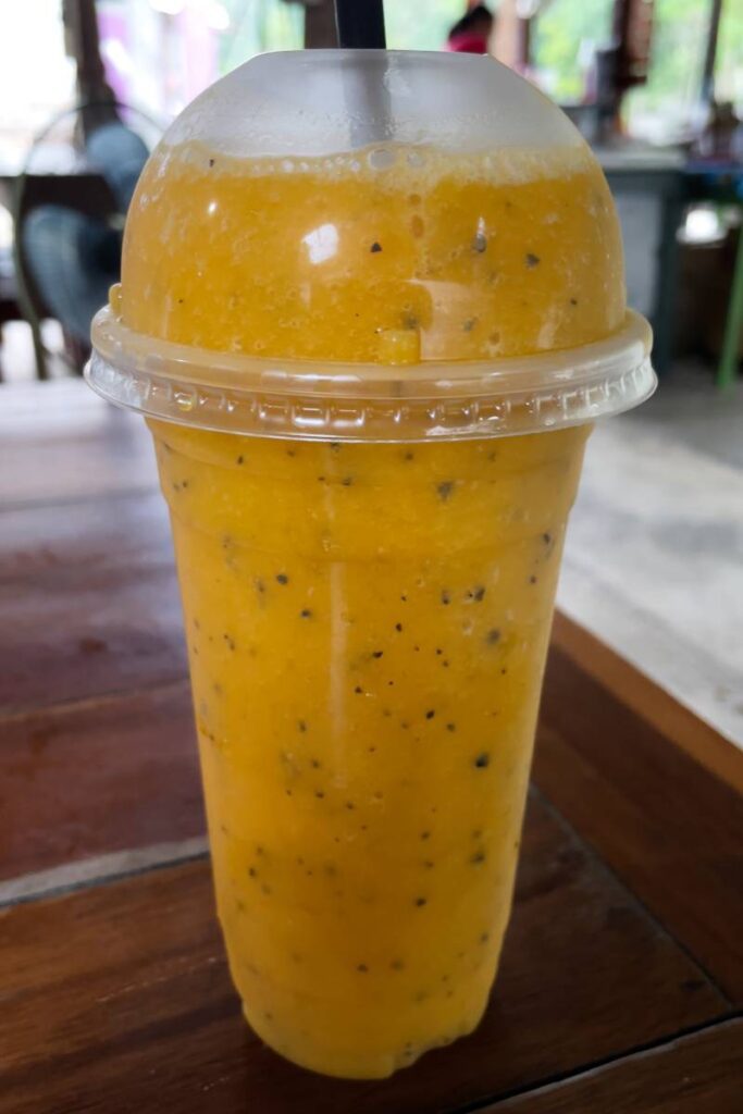 Refreshing fruit shake on Koh Kood with tropical fruits and a sunny view