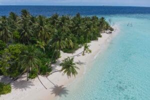 Drone view of the public beach on Omadhoo Island, Maldives