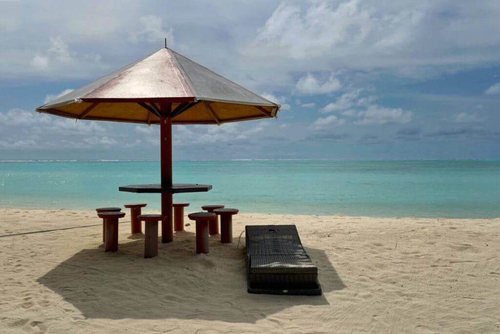 Sunbeds on the public beach of Mathiveri Island, Maldives