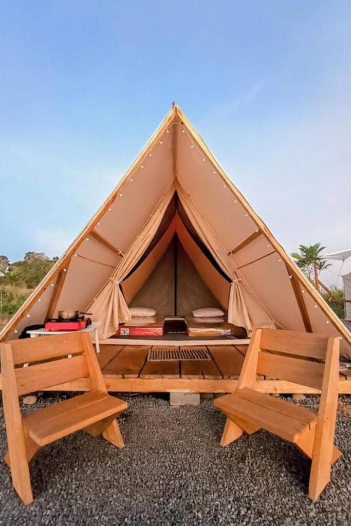 Wawowow tent set up in tropical outdoor campsite